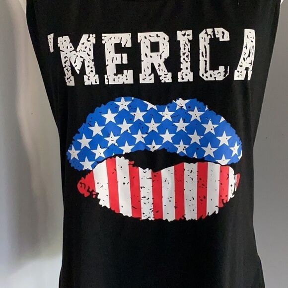 Merica Tank Top With Flag Lip Red Blue Print - Picture 4 of 6